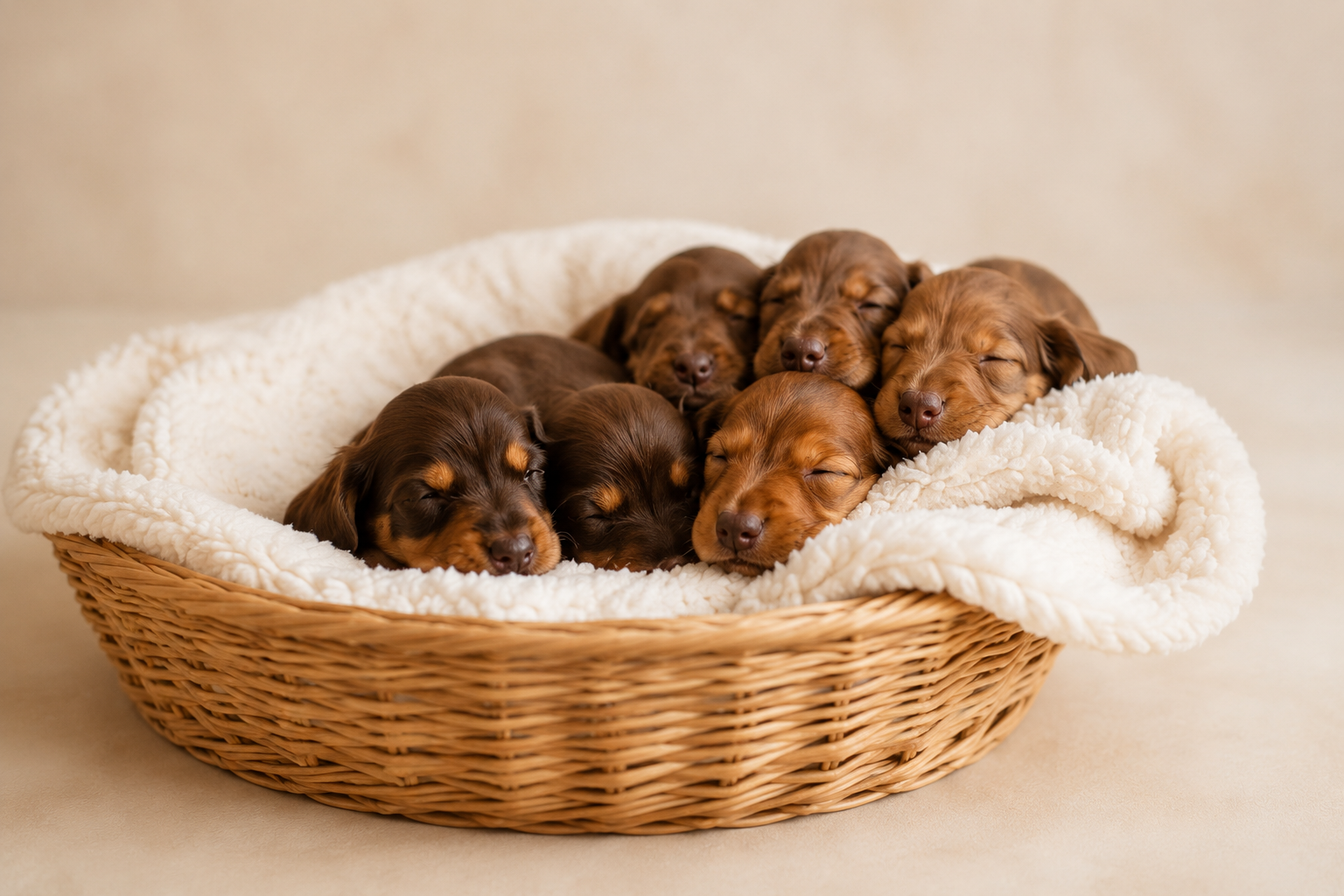 A litter of dachshund puppies sleeping together in a soft basket